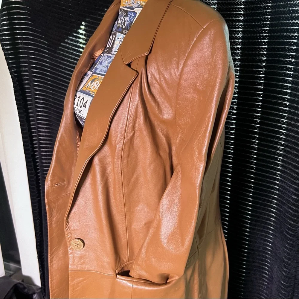 Denim&Co Genuine Leather Blazer Jacket - Medium, Caramel - Picture 5 of 8